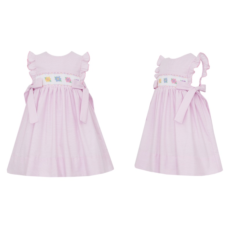 Flowers Smocked Pink Stripe Dress w/ Side Bows