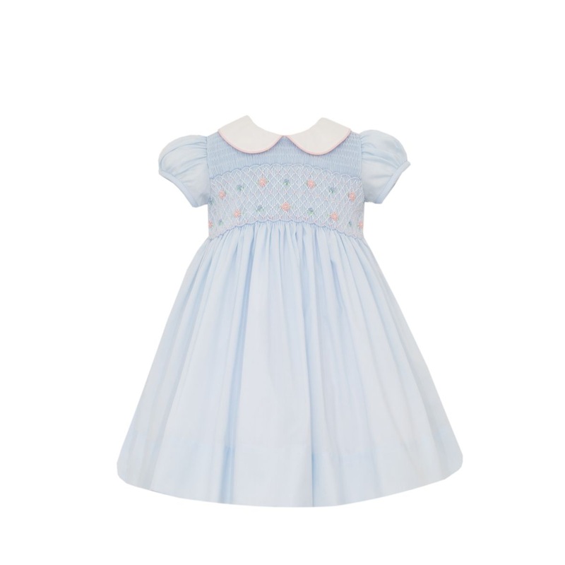 Smocked Light Blue Swiss Batiste Collared Dress