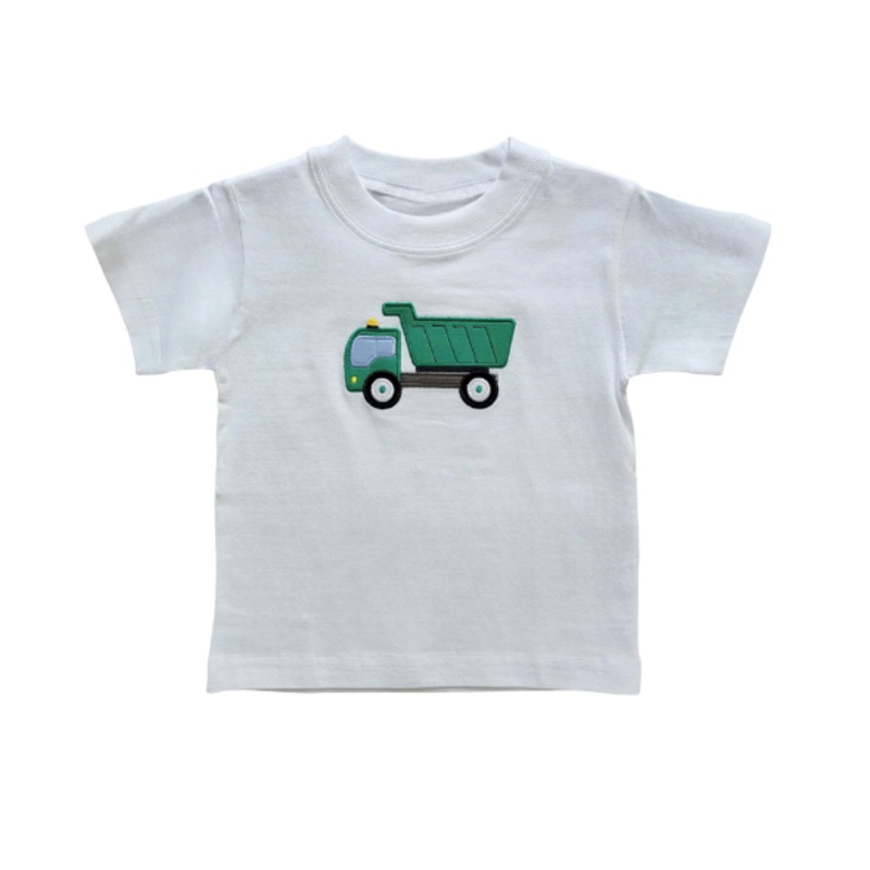 Boy’s Short Sleeve Green Dump Truck Applique White T-Shirt
