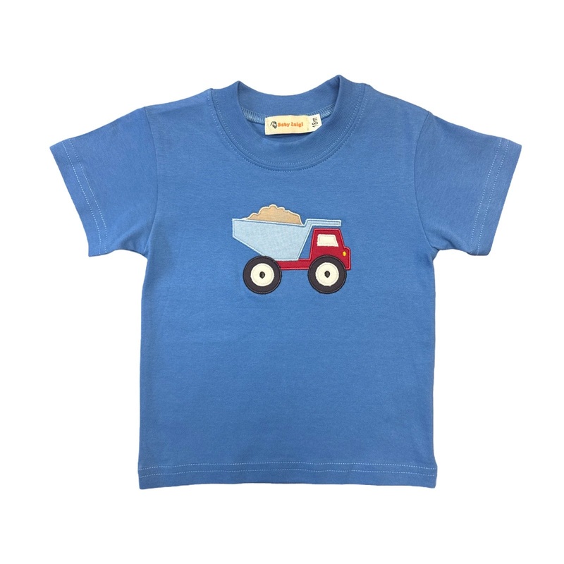 Boy’s Short Sleeve Red Dump Truck Applique Medium Blue T-Shirt