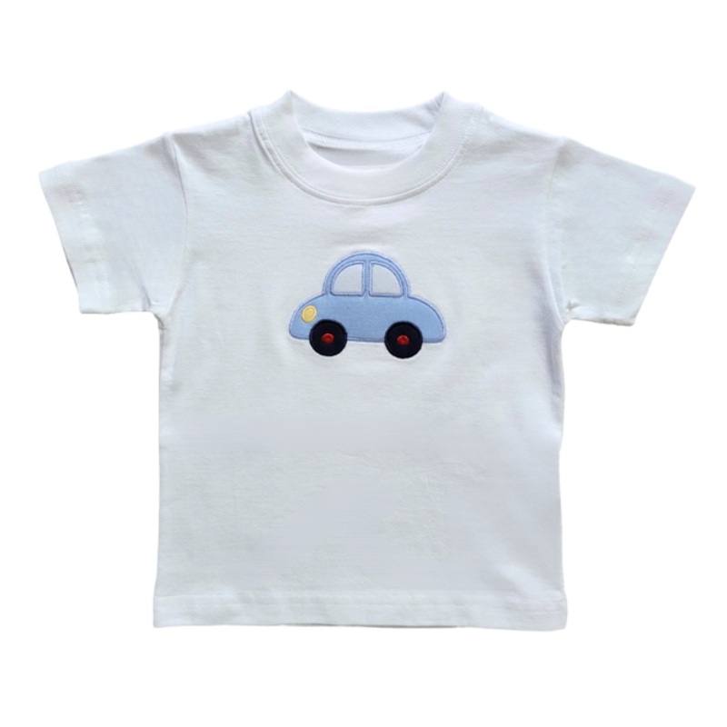 Boy’s Short Sleeve White T-Shirt with Blue Car Applique