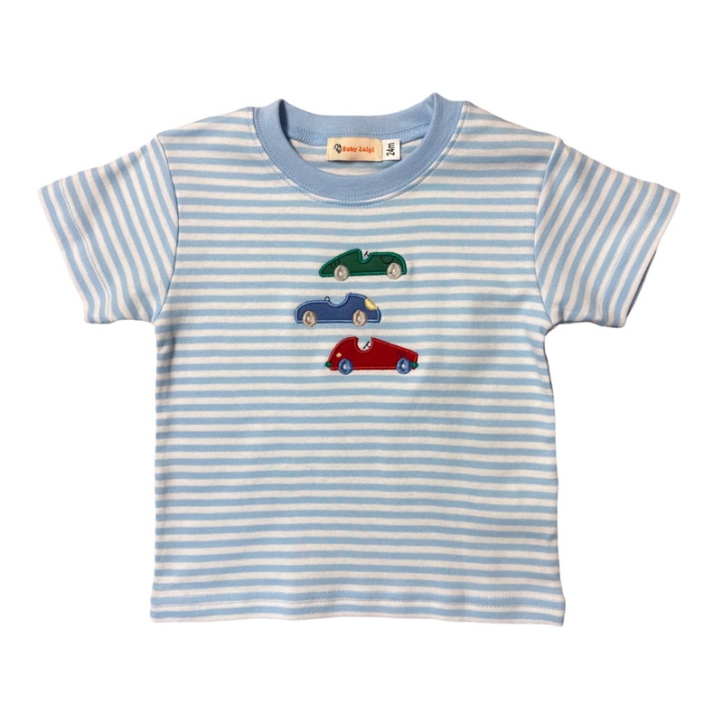 Boy Short Sleeve T-shirt, Light Blue Stripe 3 Race Cars