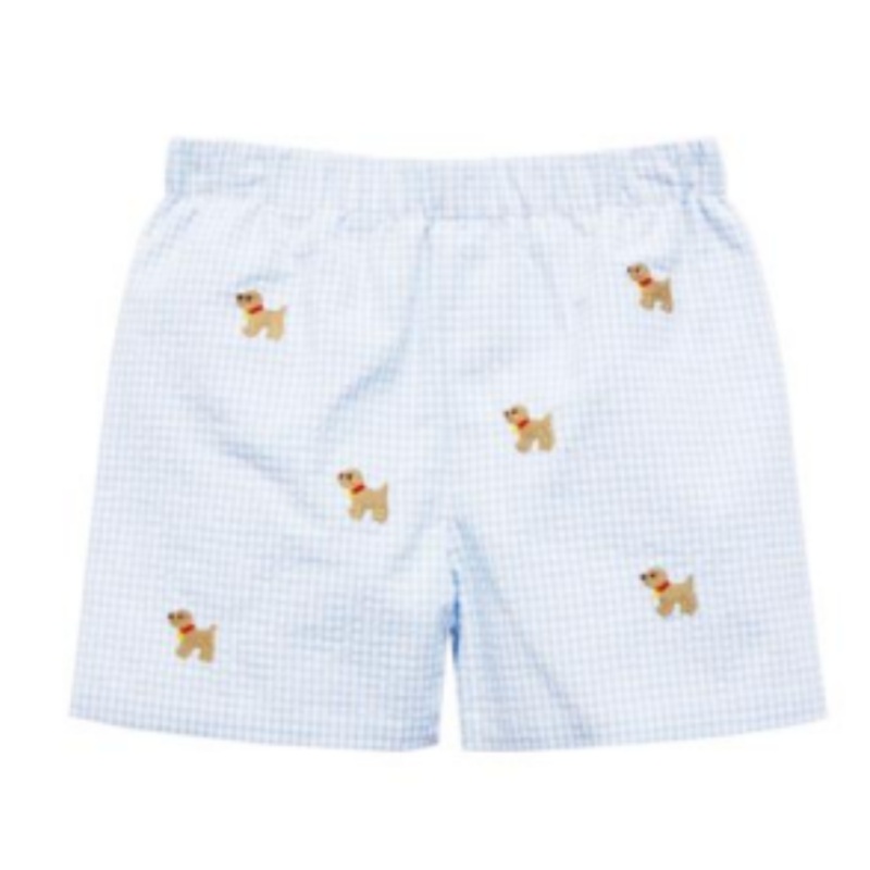 Dog Embroidered Leo Shorts, Light Blue Mini Seersucker