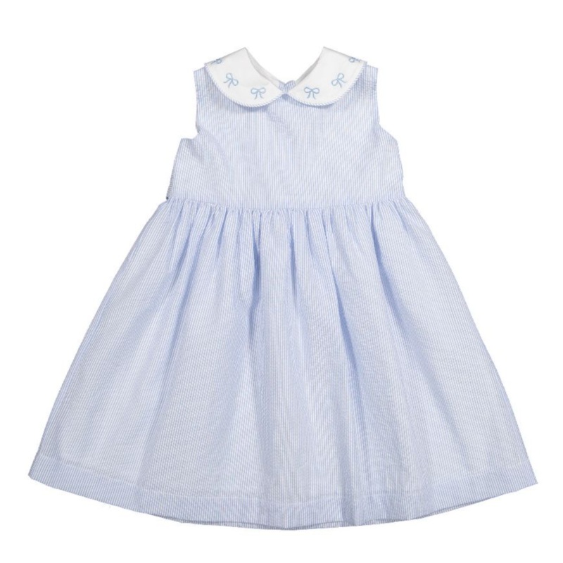 Girl’s Blue Seersucker Dress with Bows