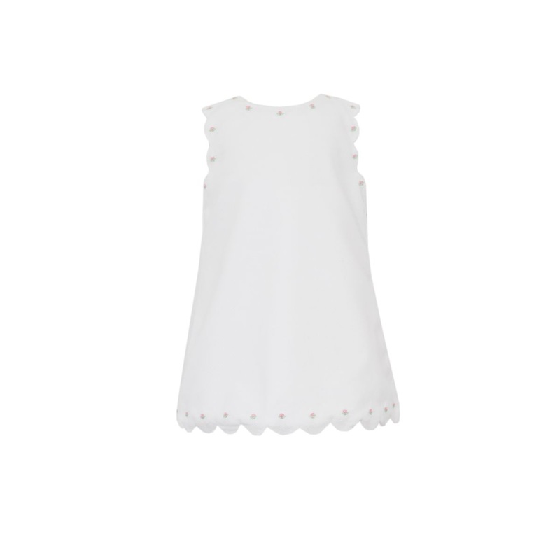 Girl’s White Pique Scalloped Sleeveless A-line Dress w/ Flowers