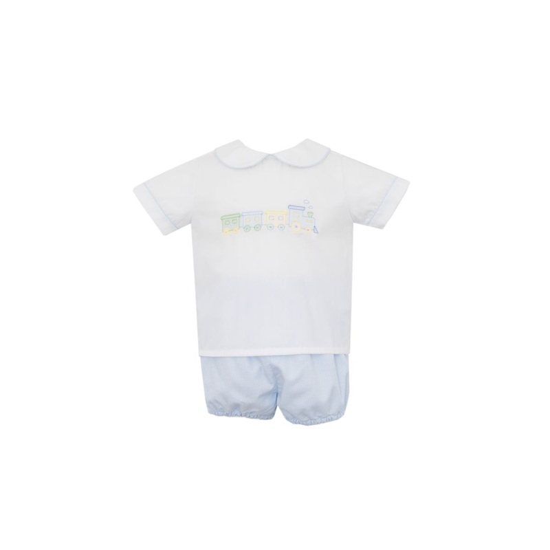 Train Blue Mini Gingham Diaper Set