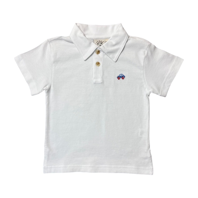 White Short Sleeve Polo Shirt with Embroidered Car
