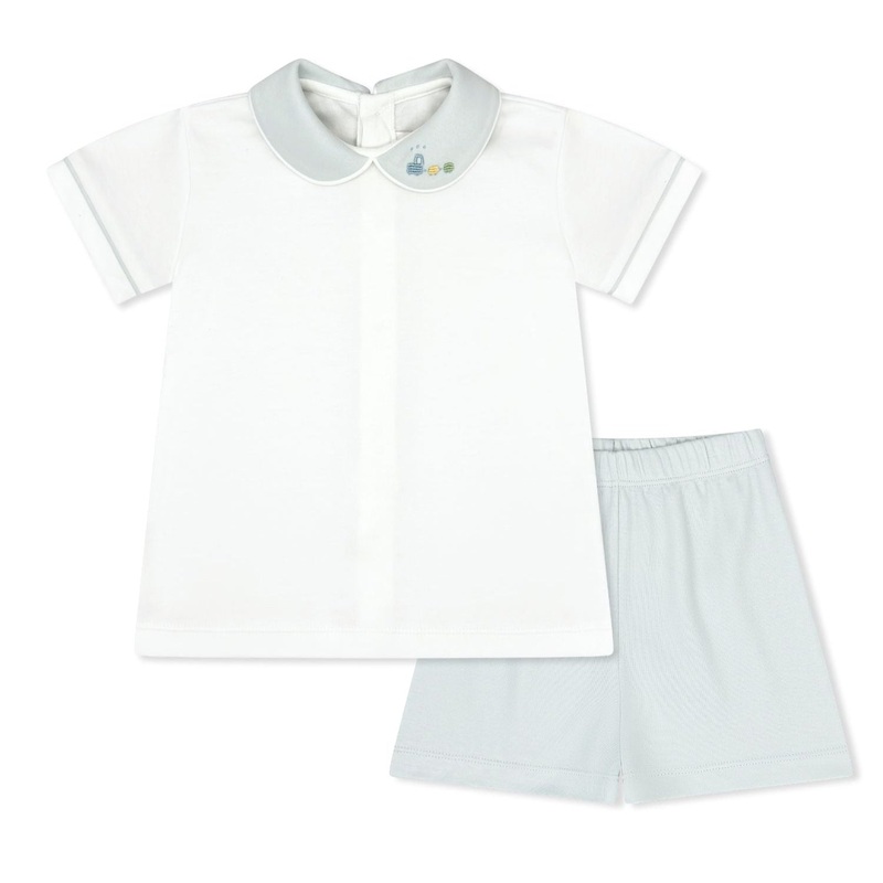 Blue Knit Train Embroidery Sibley Short Set