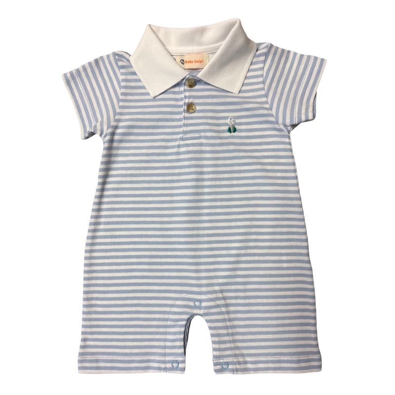 Boy’s Short Sleeve Golf Embroidery Blue Stripe Polo Romper