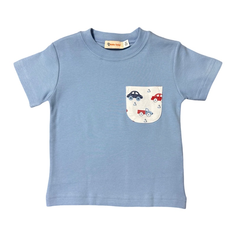 Boy’s Short Sleeve Sky Blue T-Shirt with Car Print Pocket