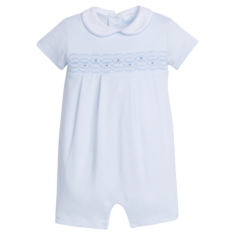 Boy’s Smocked Ream Romper, Blue Geo