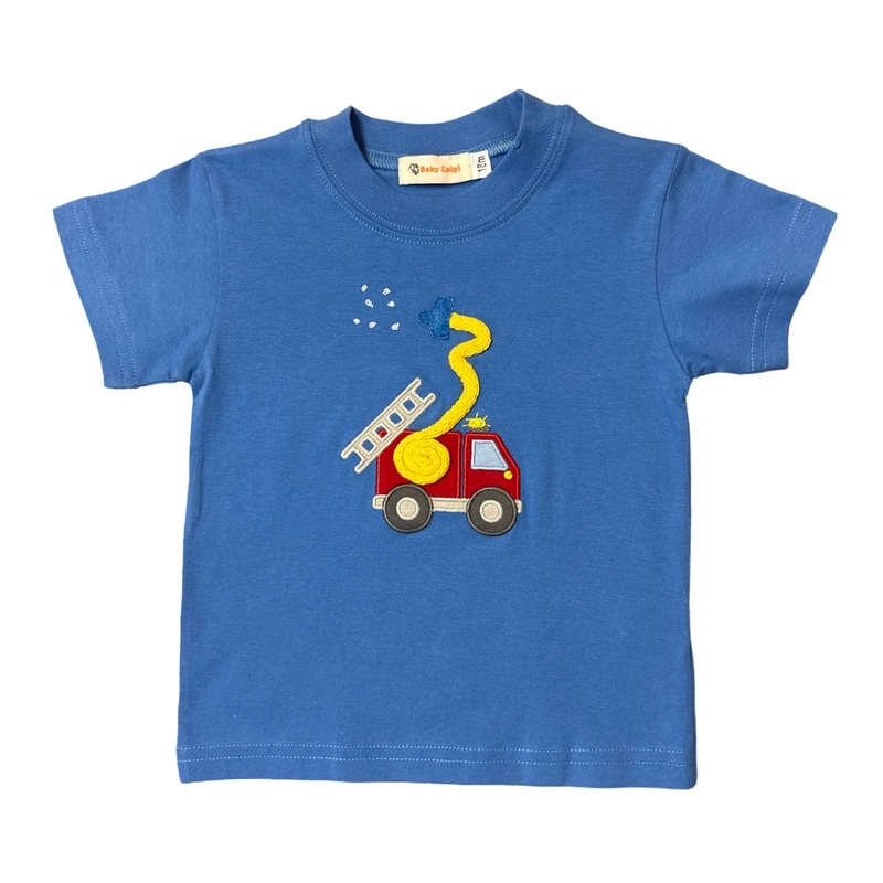 Boy Short Sleeve T-Shirt, Blue with Firetruck Applique