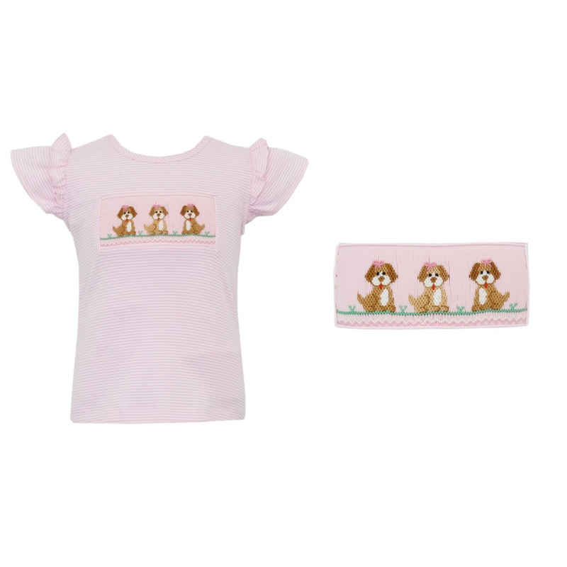 Girl’s Dogs Smocked Pink Stripe T-Shirt