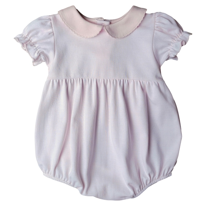 Girl’s Short Sleeve Collared New Light Pink Thin Stripe Bubble