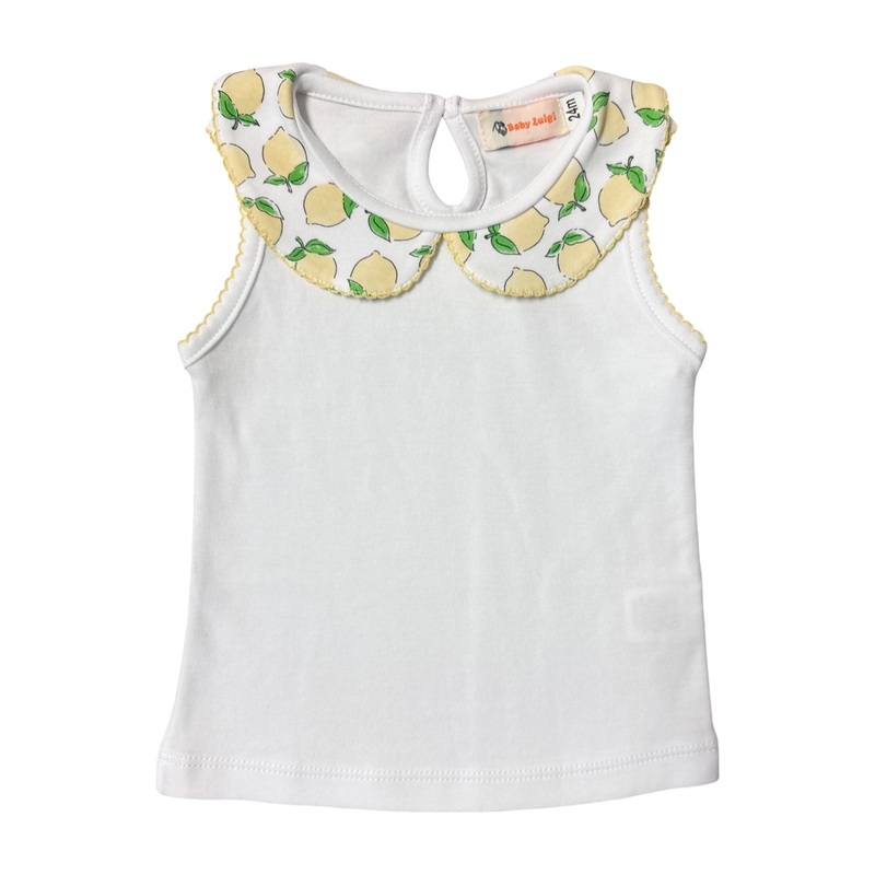 Girl’s Sleeveless Collared Top with Lemon Print Collar
