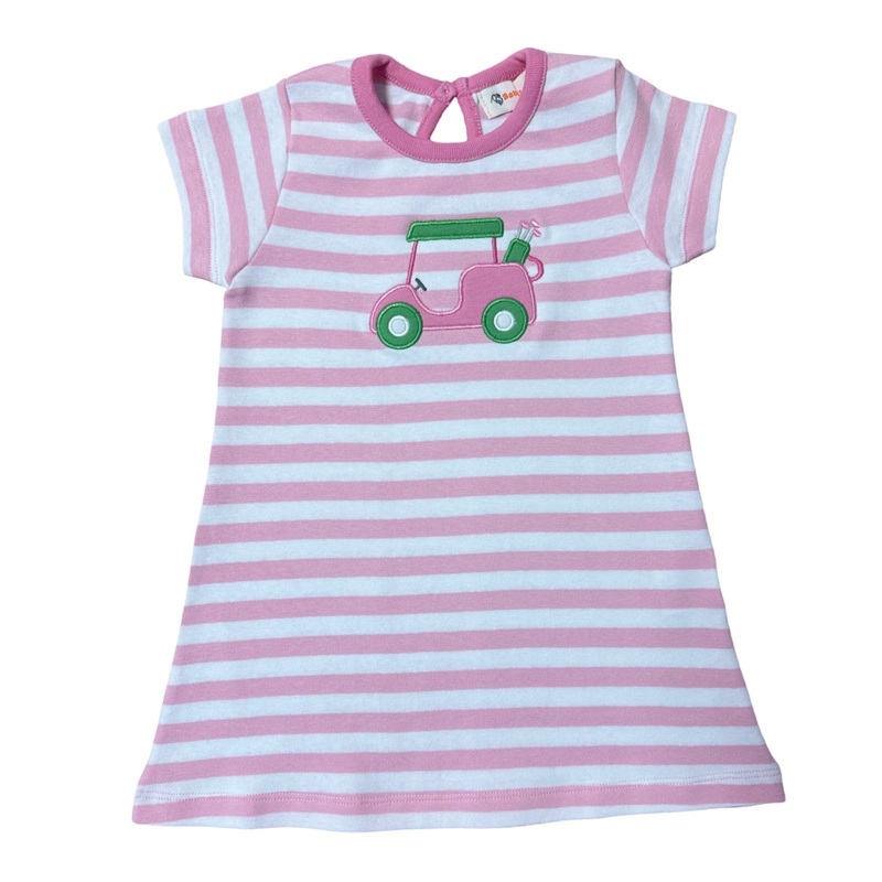 Short Sleeve A-Line Pink Striped Applique Dress with Golf Cart