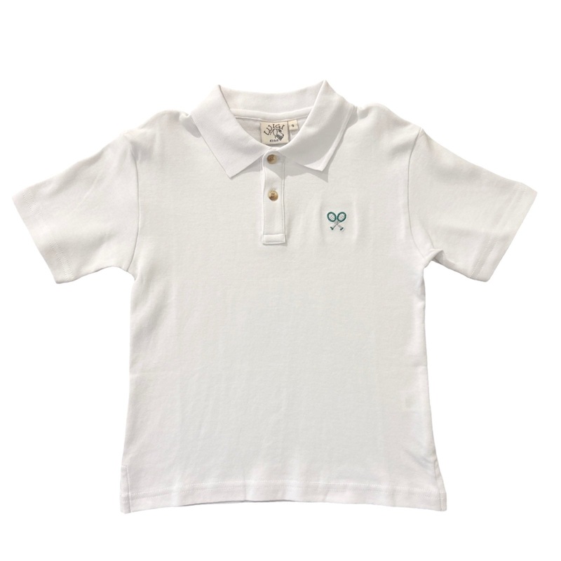 White Short Sleeve Polo Shirt with Embroidered Tennis Rackets