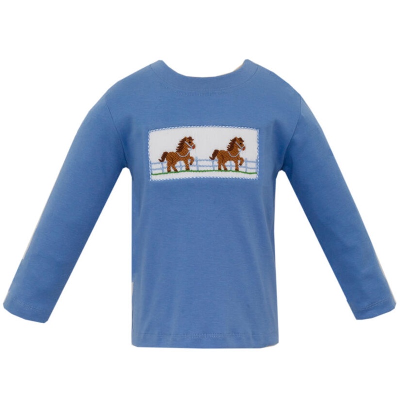 Boy’s Horses Smocked Periwinkle Blue Long Sleeve T-Shirt