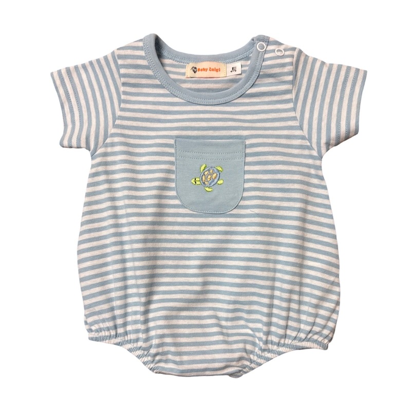 Boy Short Sleeve Pocket Bubble, Blue Stripe with Turtle on Pocket
