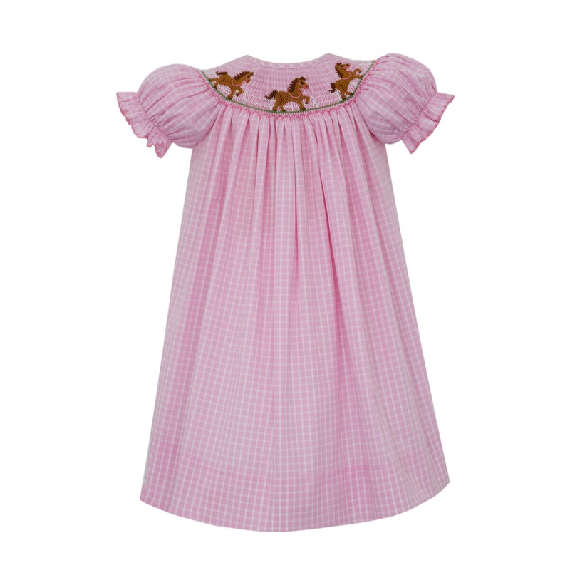 Girl’s Horses Smocked Pink Window Check Bishop Dress
