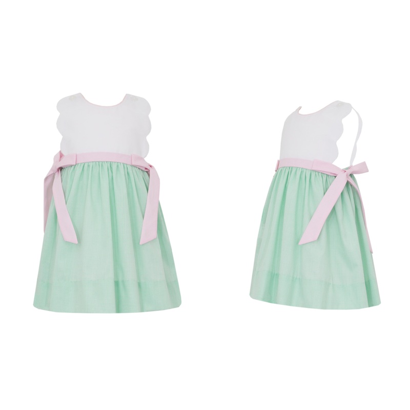 Green Gingham Scalloped Sundress w/ Pink Side Bows