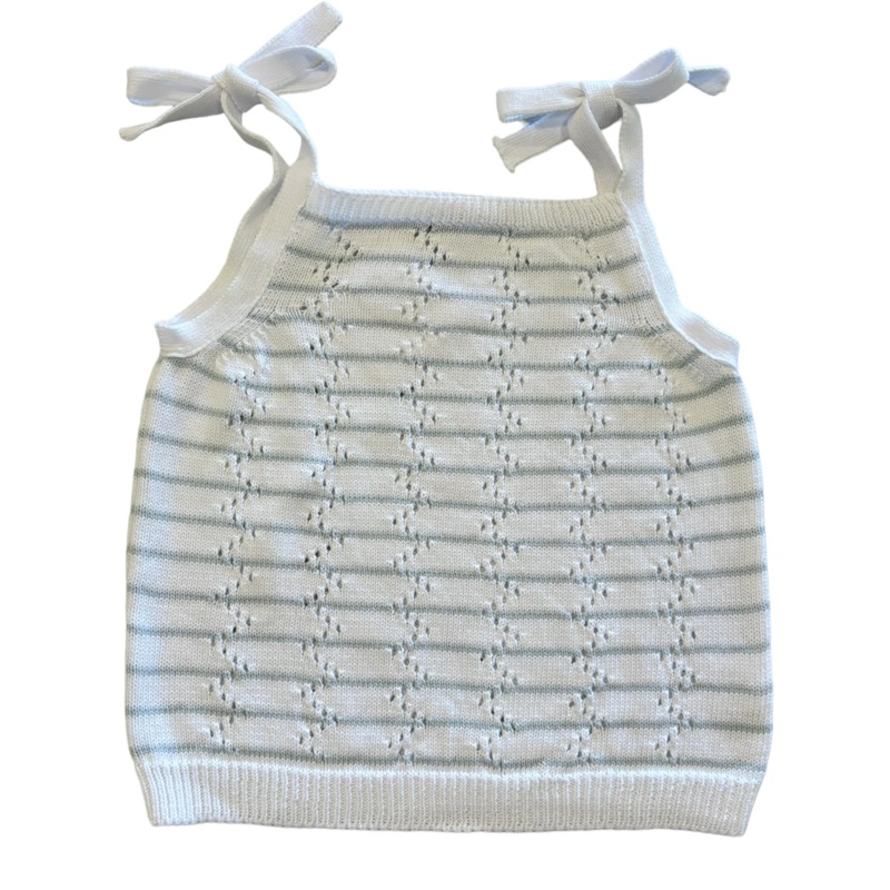 Knit Tank Top with Shoulder Ties, White with Blue