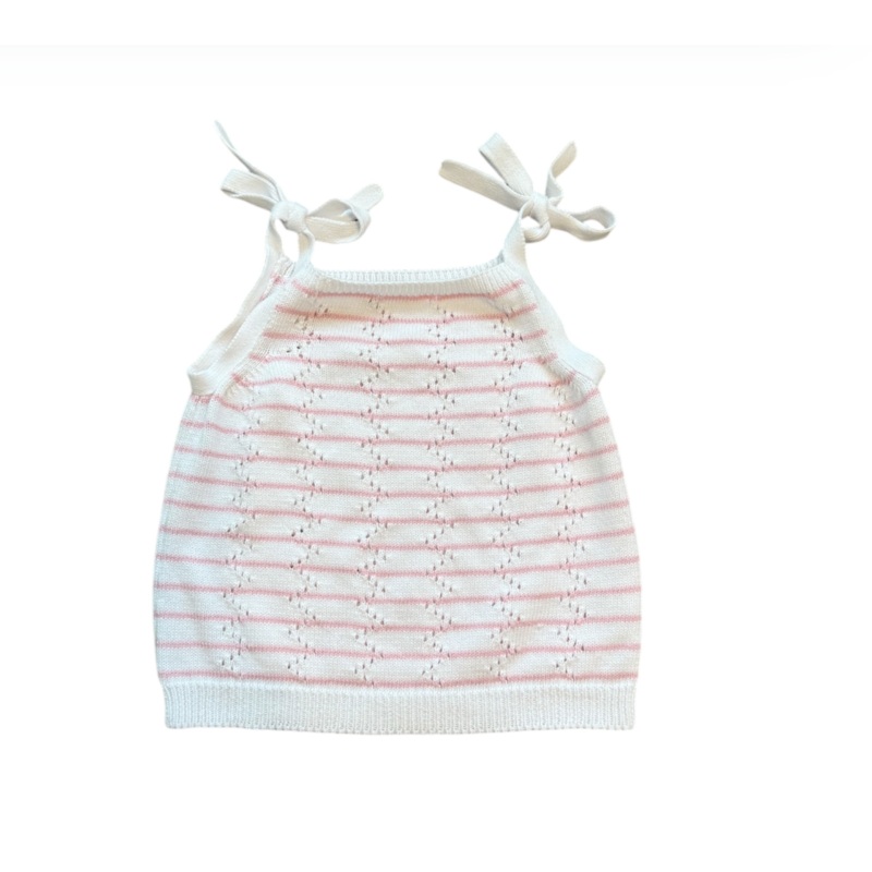 Knit Tank Top with Shoulder Ties, White with Pink