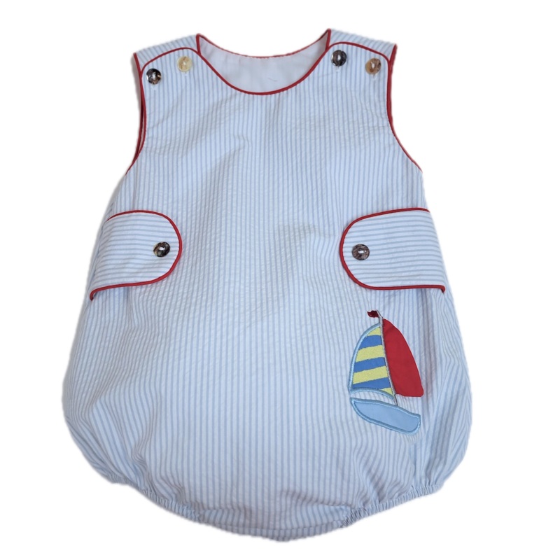 Boy’s Sailboat Applique Blue Seersucker Bubble