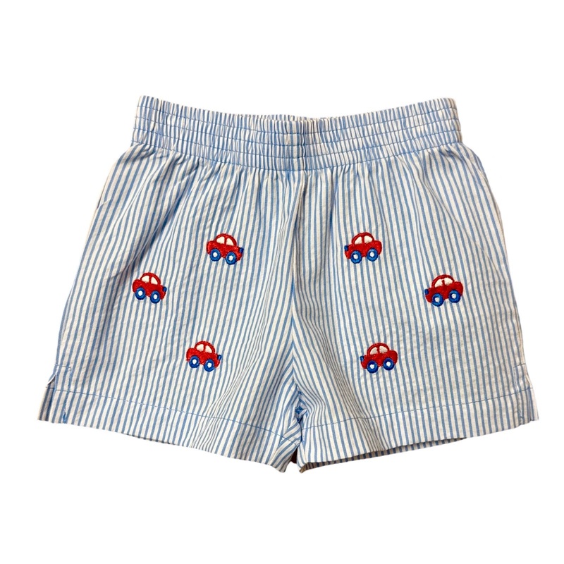 Boy’s Seersucker Play Shorts, Blue with Embroidered Cars