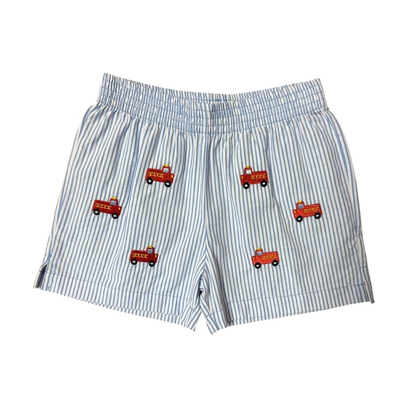Boy’s Seersucker Play Shorts, Blue with Embroidered Firetrucks