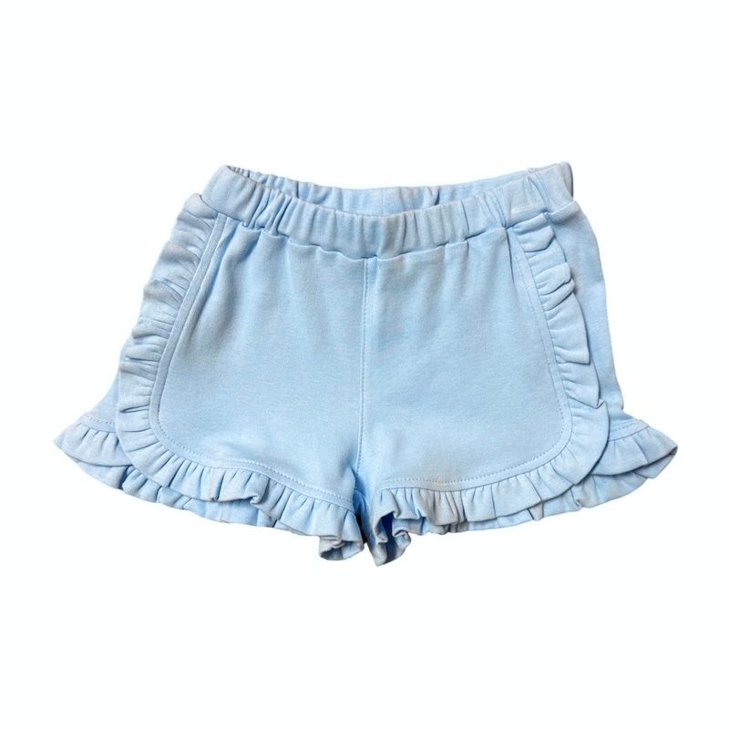 Girl Cotton Shorts with Round Ruffle, Light Blue