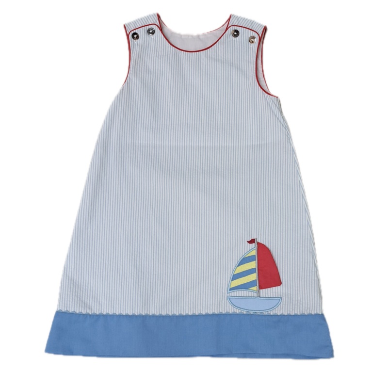 Girl’s Sailboat Applique Blue Seersucker A-line Dress