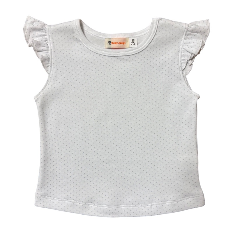 Girl’s Short Sleeve T-Shirt with Flutter, White with Blue Polka Dot