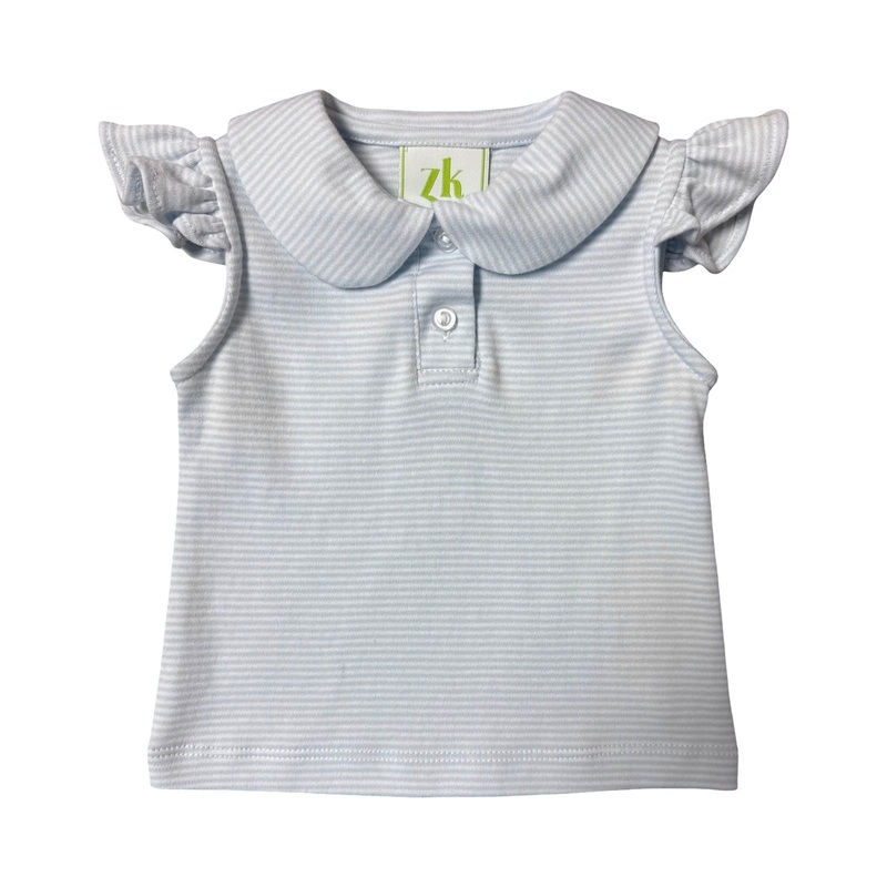Sophie Polo Blouse, Light Blue Bitty Stripe Knit