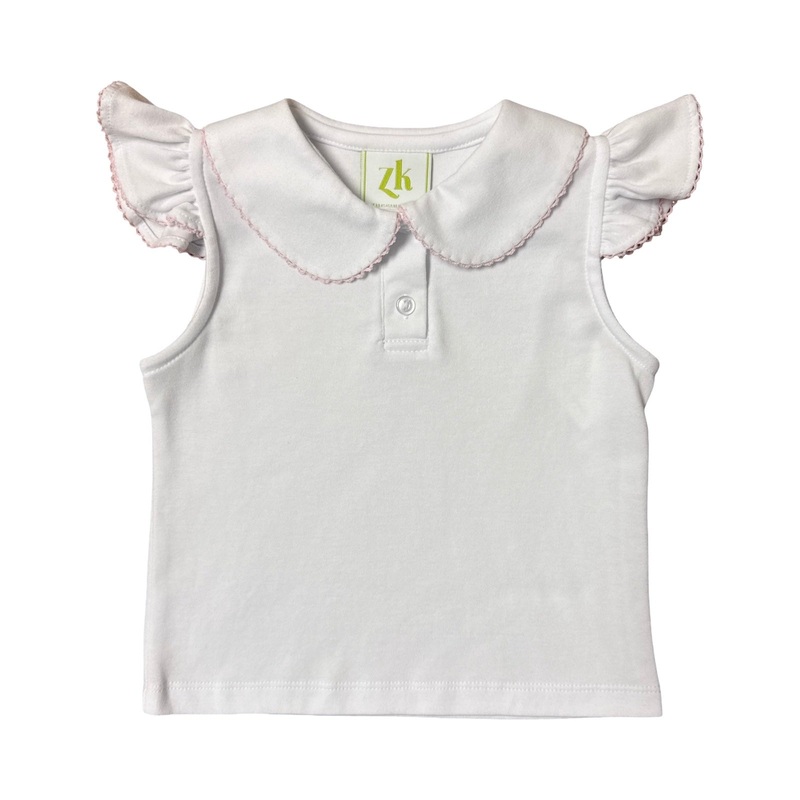 Sophie Polo Blouse, White Knit w/ Pink Trim
