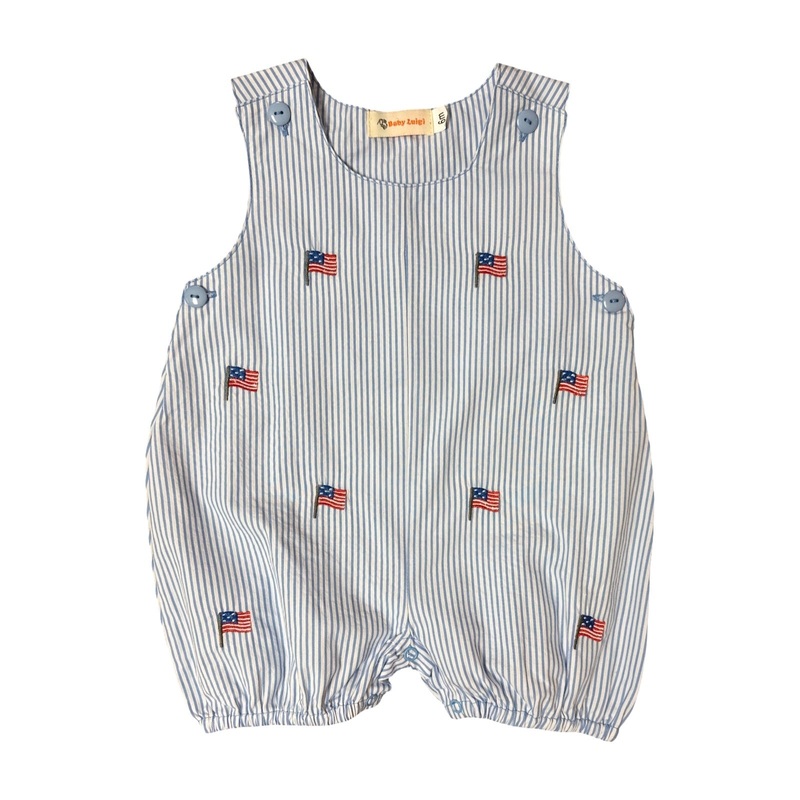 Boy’s Blue Seersucker Romper, American Flags