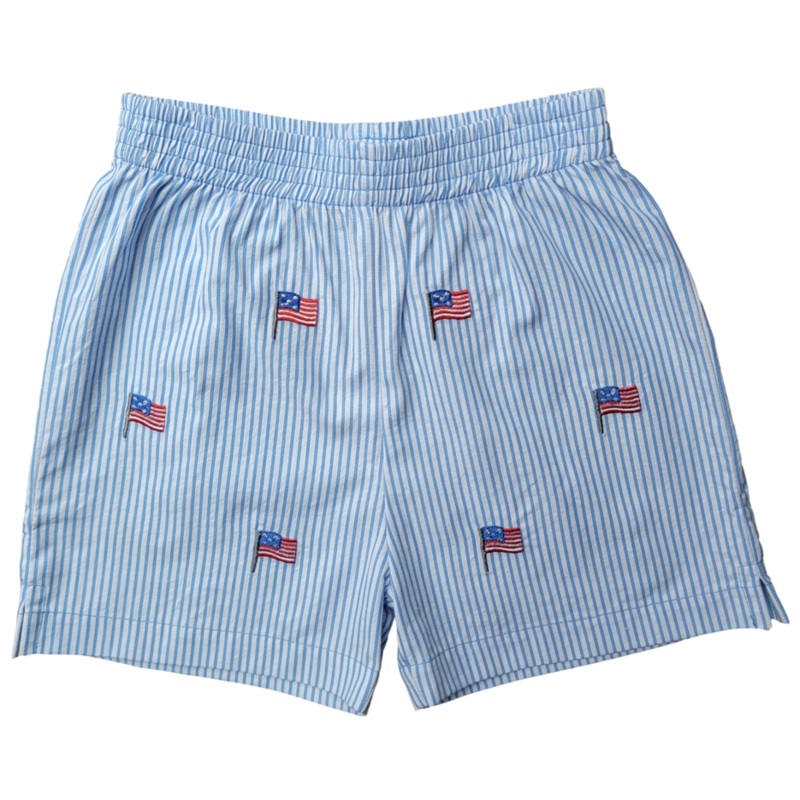 Boy’s Seersucker Stripe Shorts, Chambray with Embroidered Flags (Shorter Version)