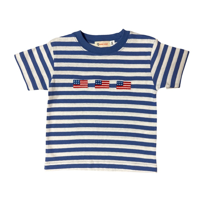 Boy’s Short Sleeve 3 Flags Embroidered Blue Stripe T-Shirt