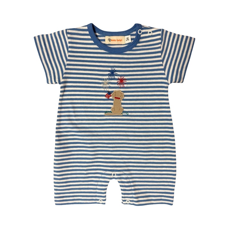 Boy’s Short Sleeve Dog Watching Fireworks Blue Stripe Romper