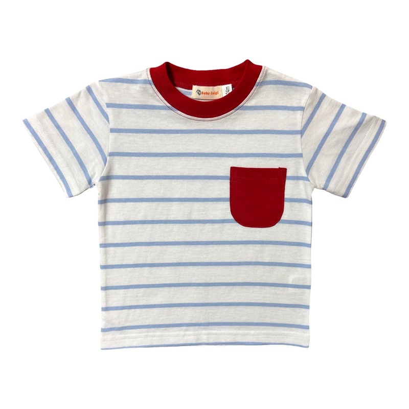 Boy Short Sleeve Stripe Pocket T-Shirt, Sky Blue with Red Pocket