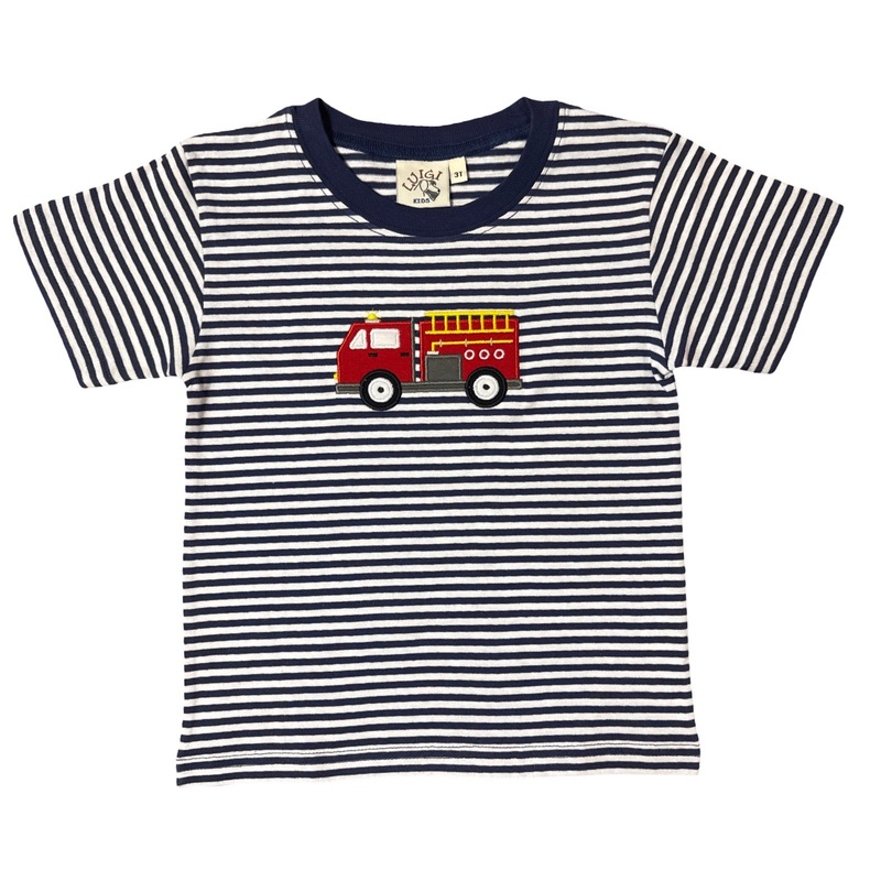 Boy Short Sleeve T-Shirt, Navy Stripe with Firetruck Applique