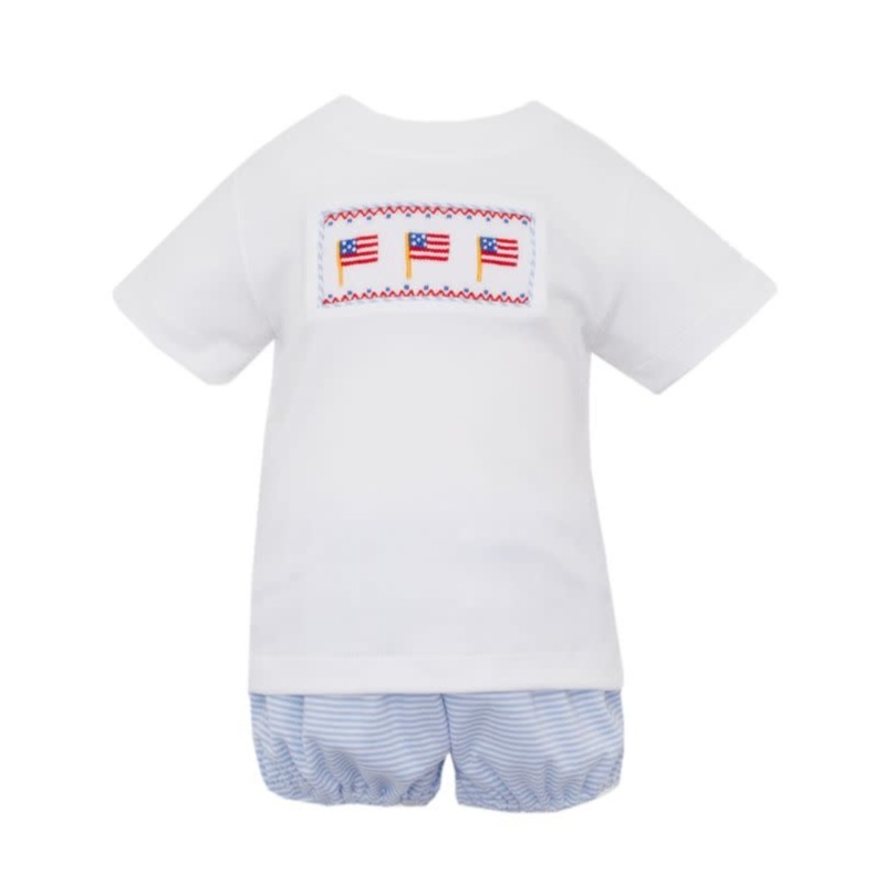 Flags Smocked Blue Stripe Knit Shorts Set (with Straight Shorts at 2T)