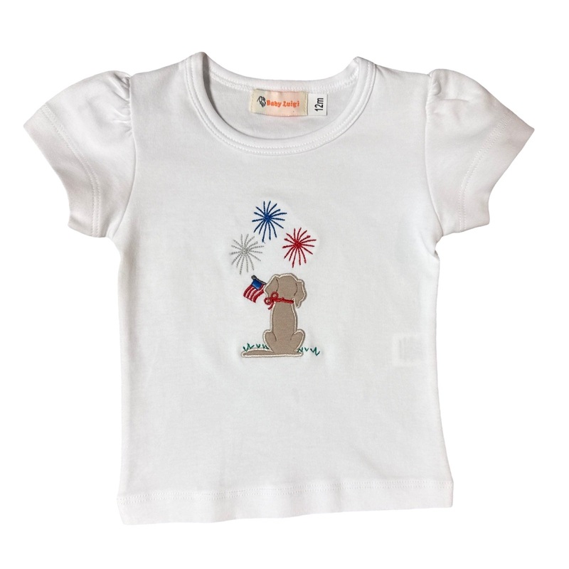 Girl’s Short Sleeve White T-Shirt, Dog with Fireworks