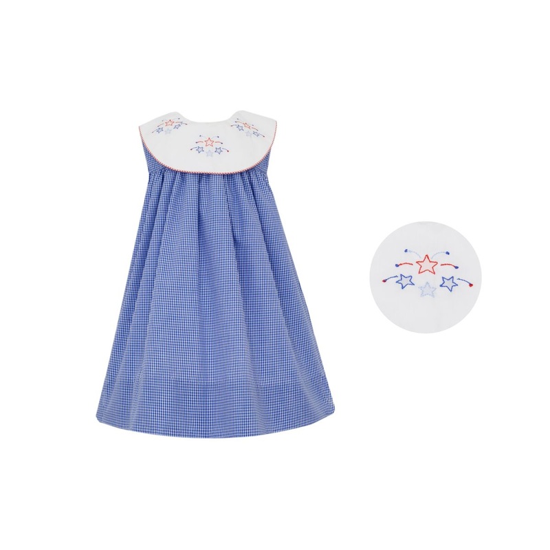 Girl’s Stars Royal Blue Microcheck Round Bib Collar Float Dress