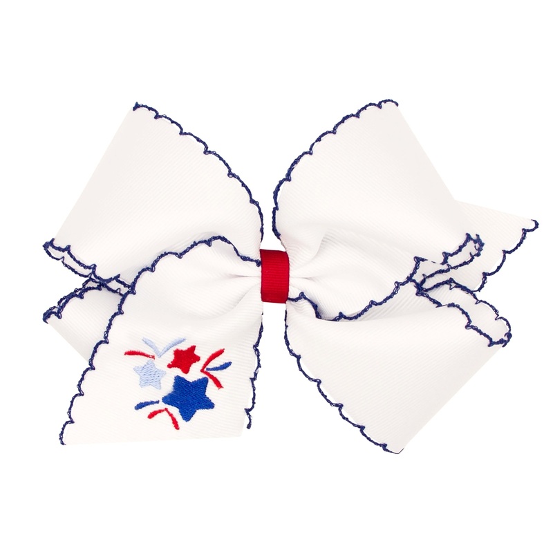 King Fireworks Embroidered Hair Bow, White with Blue