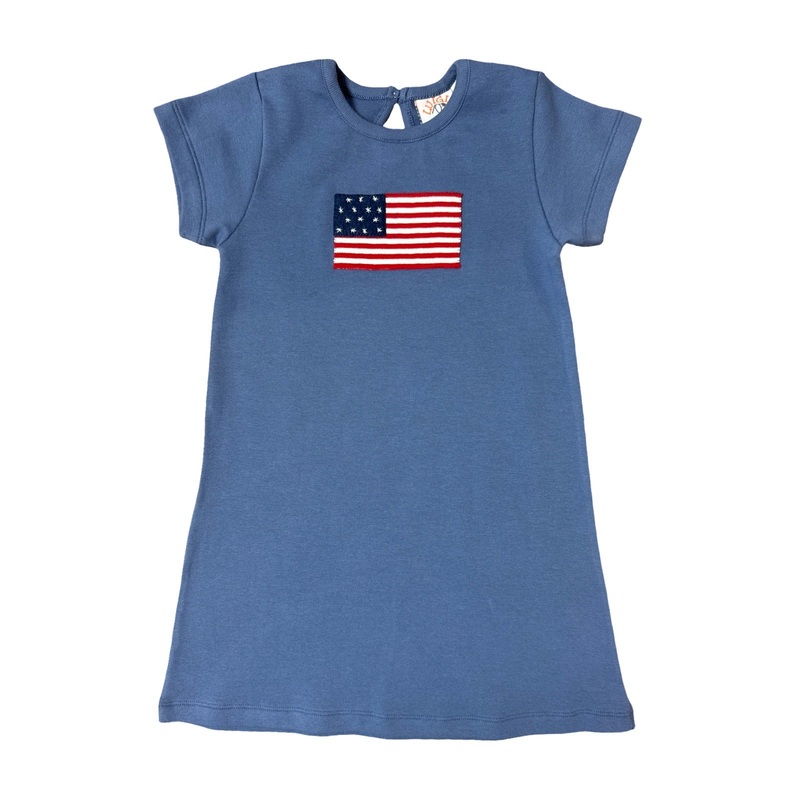Short Sleeve A-Line Slate Blue Applique Dress with American Flag