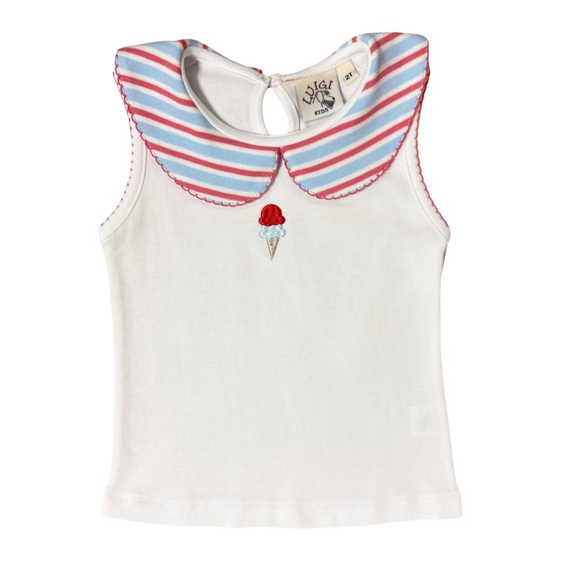 Sleeveless Collared Top, White with Summer Stripe & Ice Cream Cone