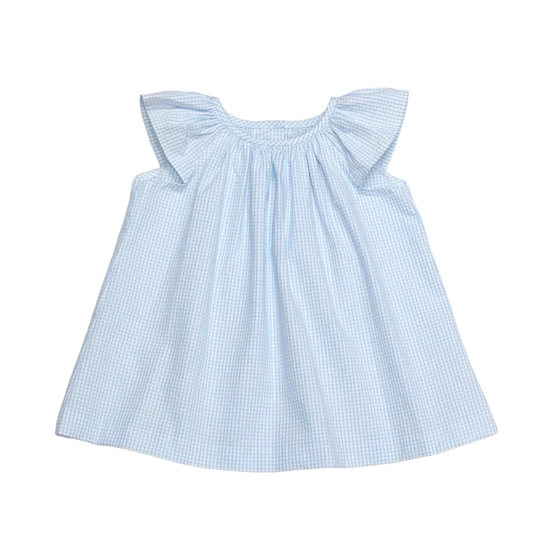 Elaine Blouse, Light Blue Mini Check Seersucker
