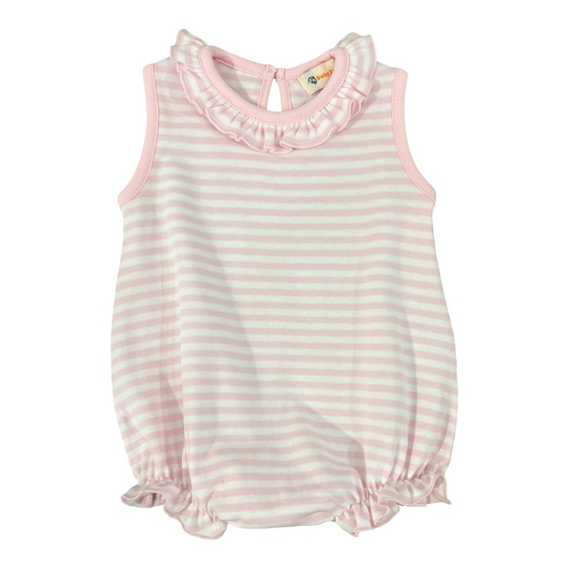 Girl’s Pink Stripe Sleeveless Bubble with Ruffle Neckline