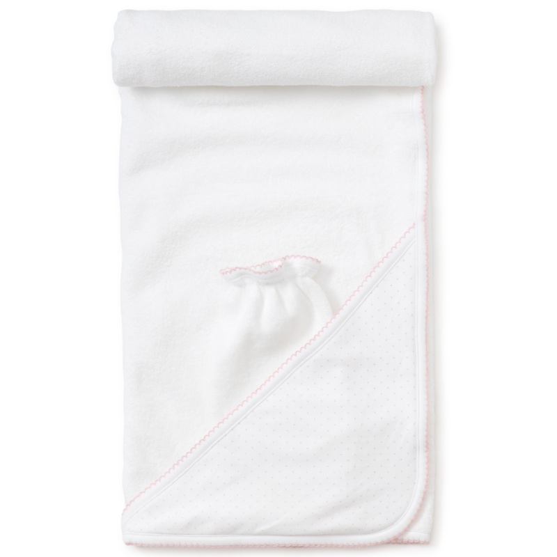 Towel with Mitt, White with Pink Polka Dots